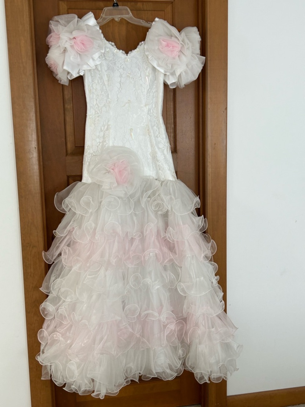 White and Blush Layered Ruffle Ball Gown
